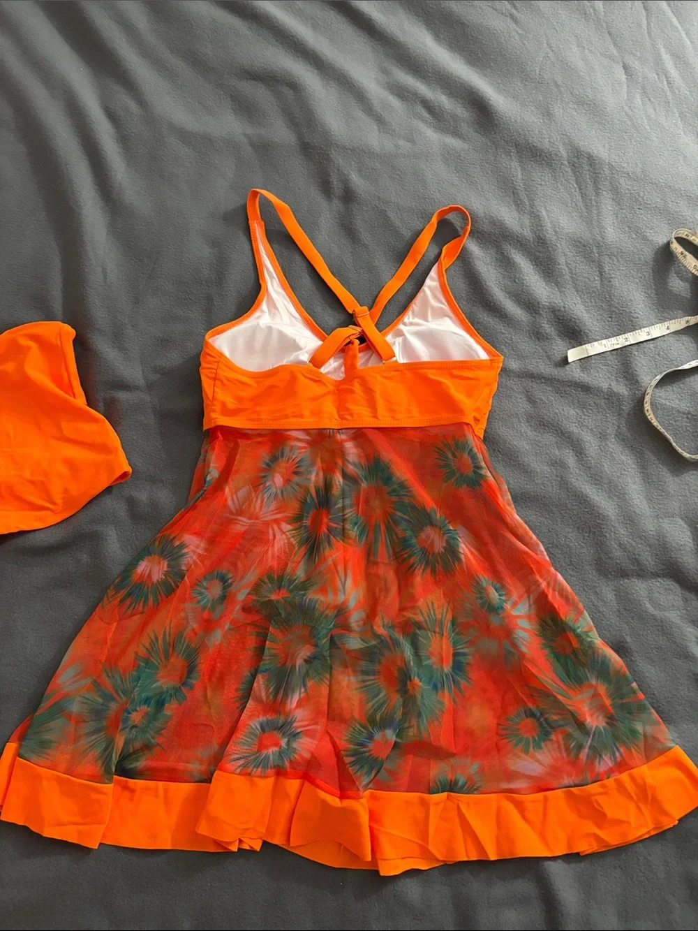 Orange Floral Mesh Tankini Swim Dress with Boyshorts Size Small